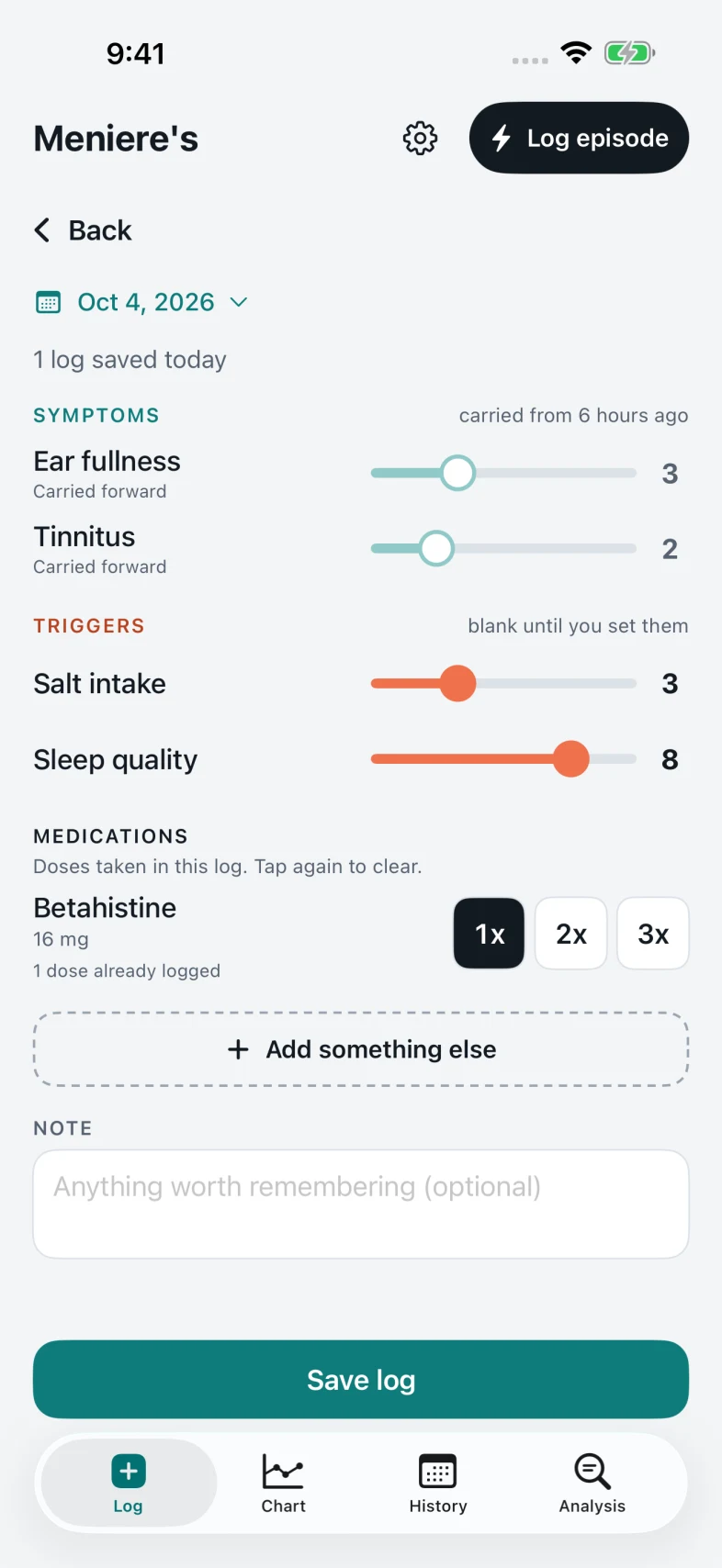 The details step: sliders for the picked symptoms and triggers, and dose buttons for a medication
